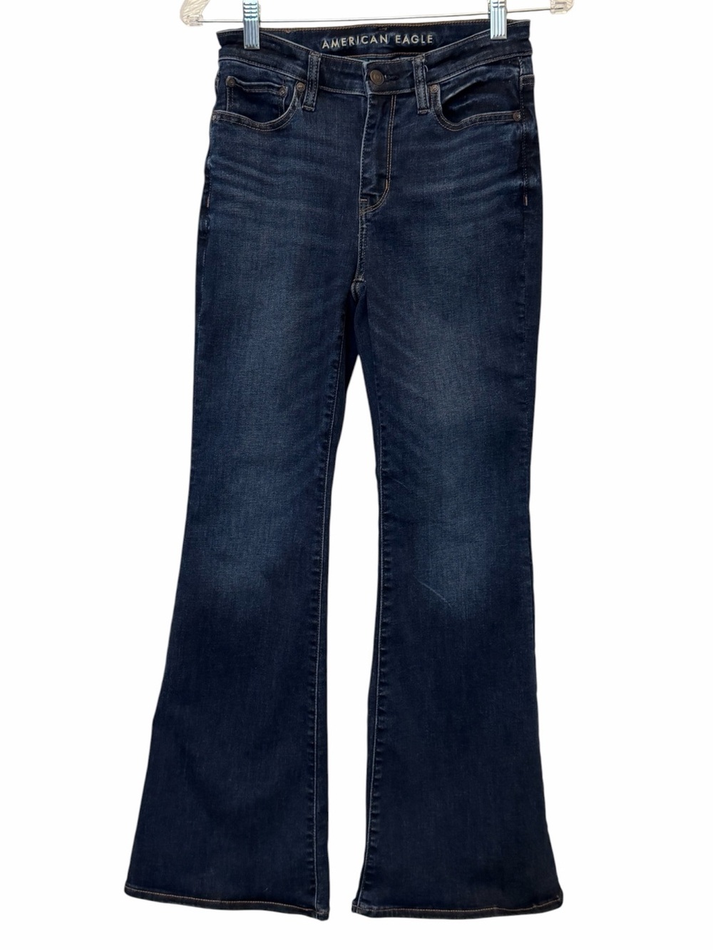 American Eagle Women 2 High Rise Flare Stretch Denim Jeans Dark Wash Distressed